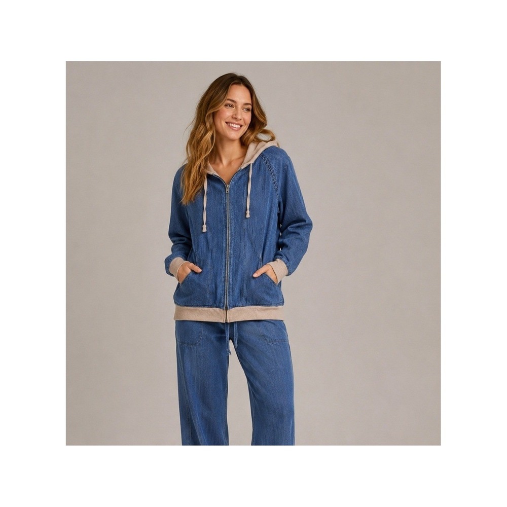 J. Jill Jean Jacket Womens Small Blue Oatmeal Cotton Tshirt Lined Pockets Hood